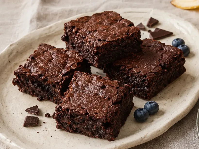 Quadrados escuros de brownie de feijão-preto num prato claro