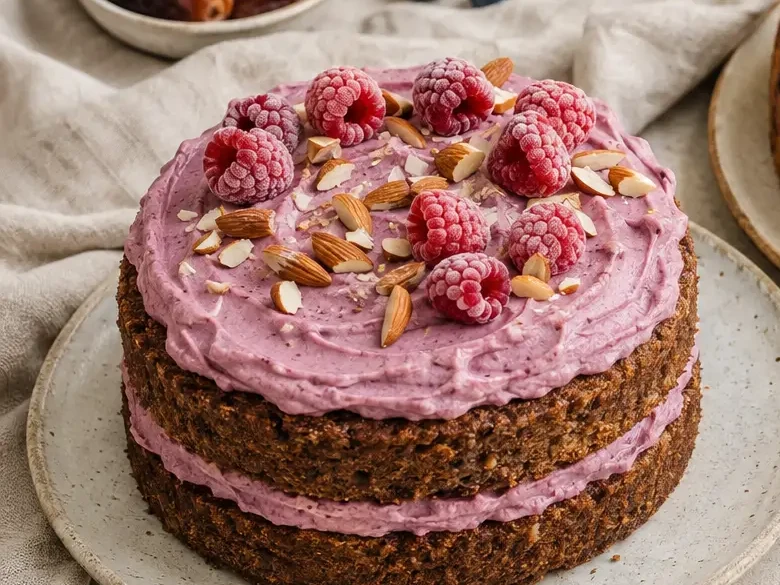 Bolo de festa de tâmaras e manteiga de amêndoa com cobertura de frutos vermelhos