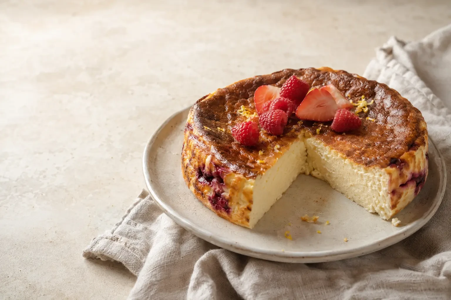 Bolo basco de iogurte grego, limão e frutos vermelhos num prato de cor creme